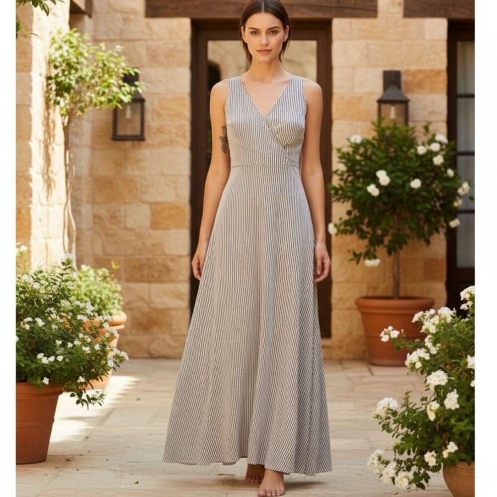 LINE & DOT White Brown Ilayda Striped A-Line Maxi Dress Sleeveless Minimalist
